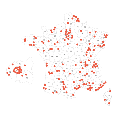 Carte de France présentant la répartition des installateurs Sécuristes de France